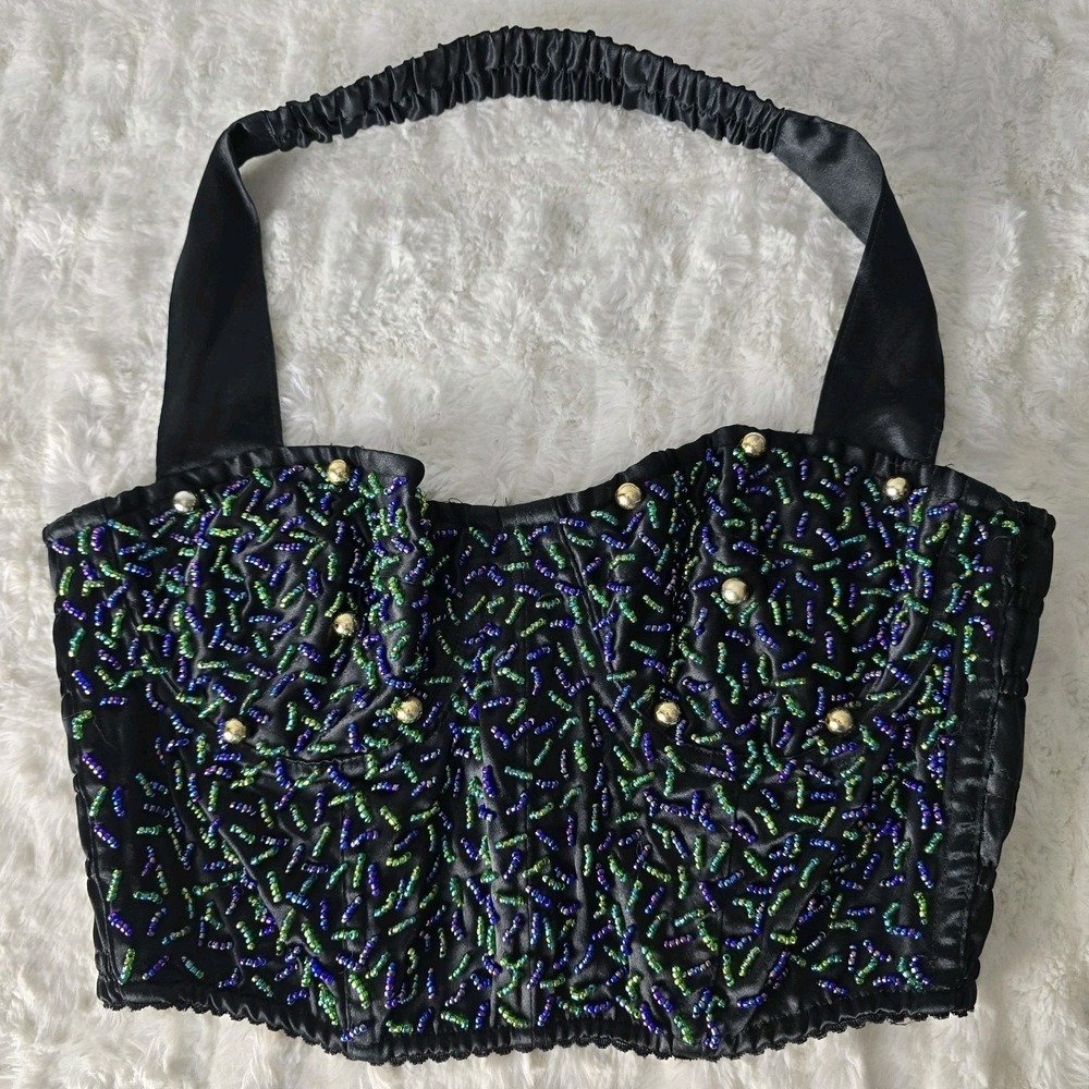Victoria's Secret VTG Gold Label Black Corset Blue Green Beaded Bra Bustier Med - Picture 4 of 16